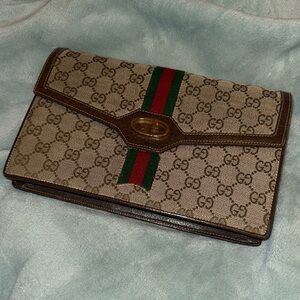 Gucci Tan and Brown Logo Clutch